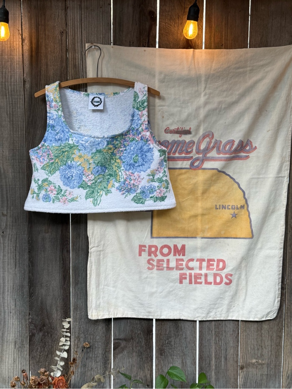 Handmade vintage Floral Terry Crop Tank Top - Blue Multi